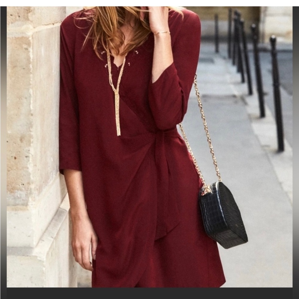 NWT Sezane OLYMPE silk dress red burgundy lace detail wrap dress 42